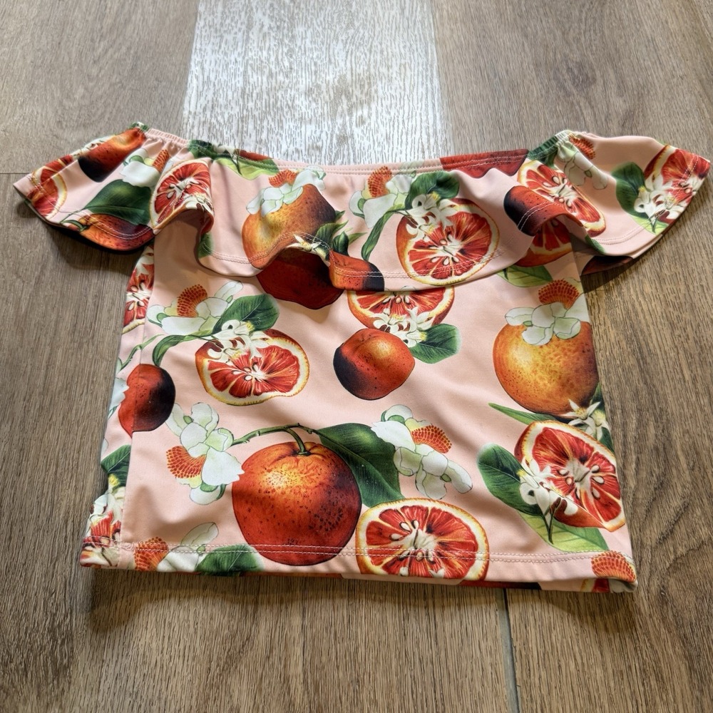 Kortni Jeane pink citrus orange-print off-the-shoulder ruffle swim top 4T